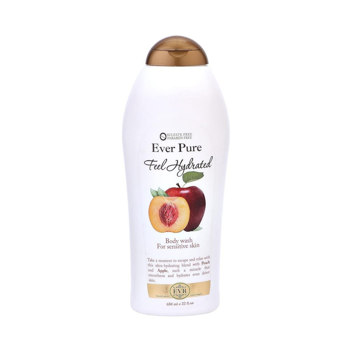 Refect Beauty Ever Pure apple and peach body wash in a white bottle with a brown cap for sensitive skin