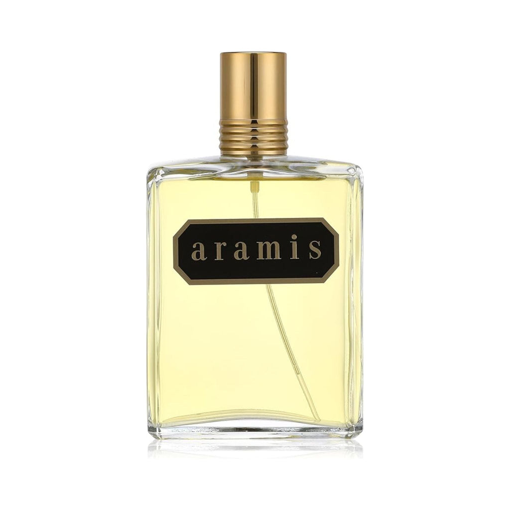 Refect Beauty Aramis Eau de Toilette in a classic glass bottle with a gold cap, featuring a woody and leathery scent.