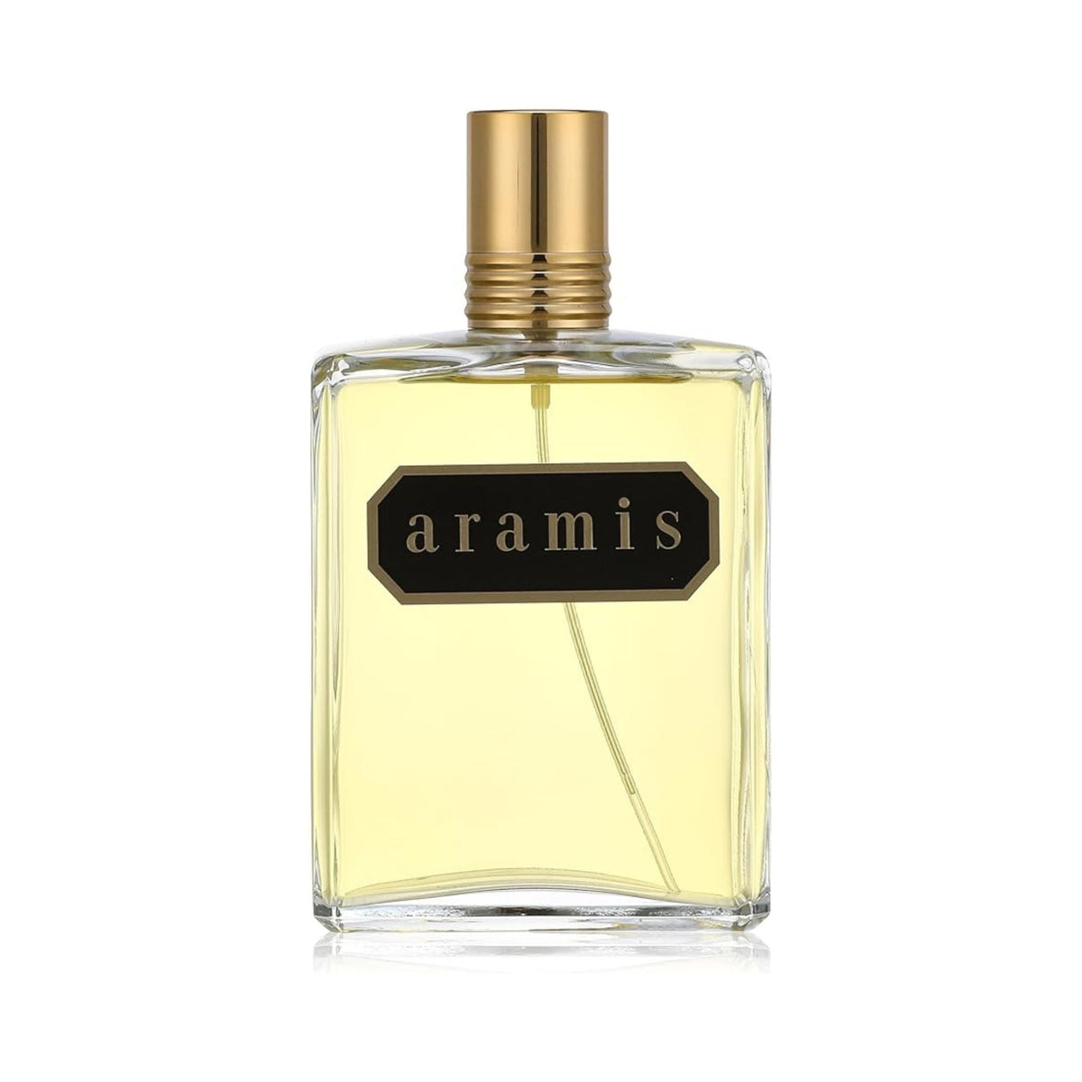 Refect Beauty Aramis Eau de Toilette in a classic glass bottle with a gold cap, featuring a woody and leathery scent.