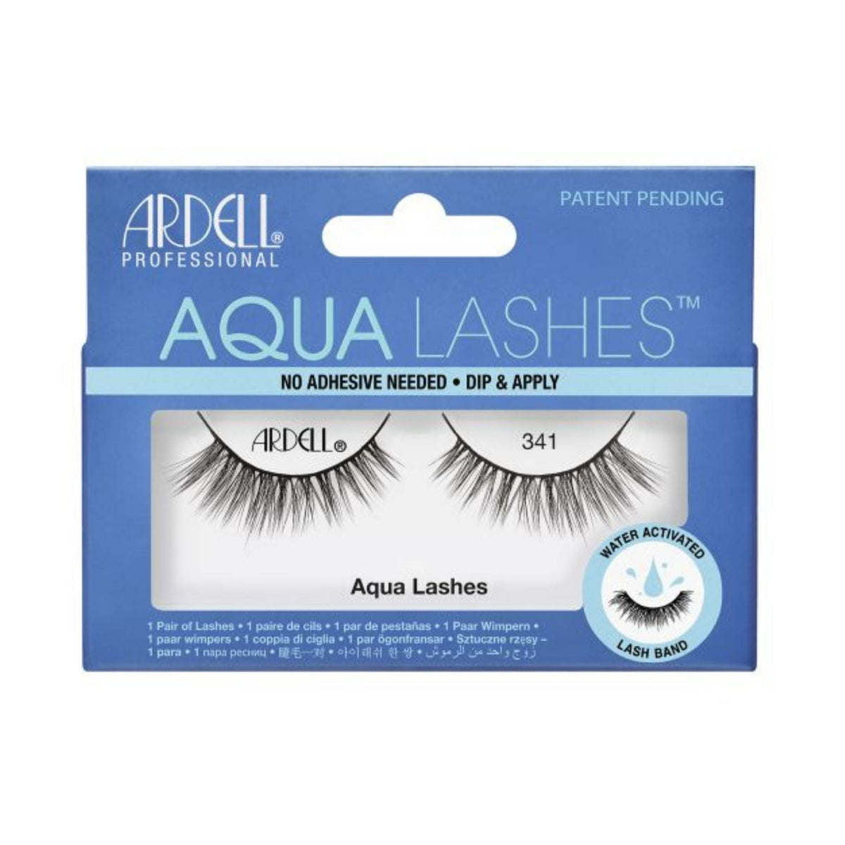 Refect Beauty Ardell Aqua Lashes 341 in blue packaging featuring wispy synthetic strip lashes with water-activated band