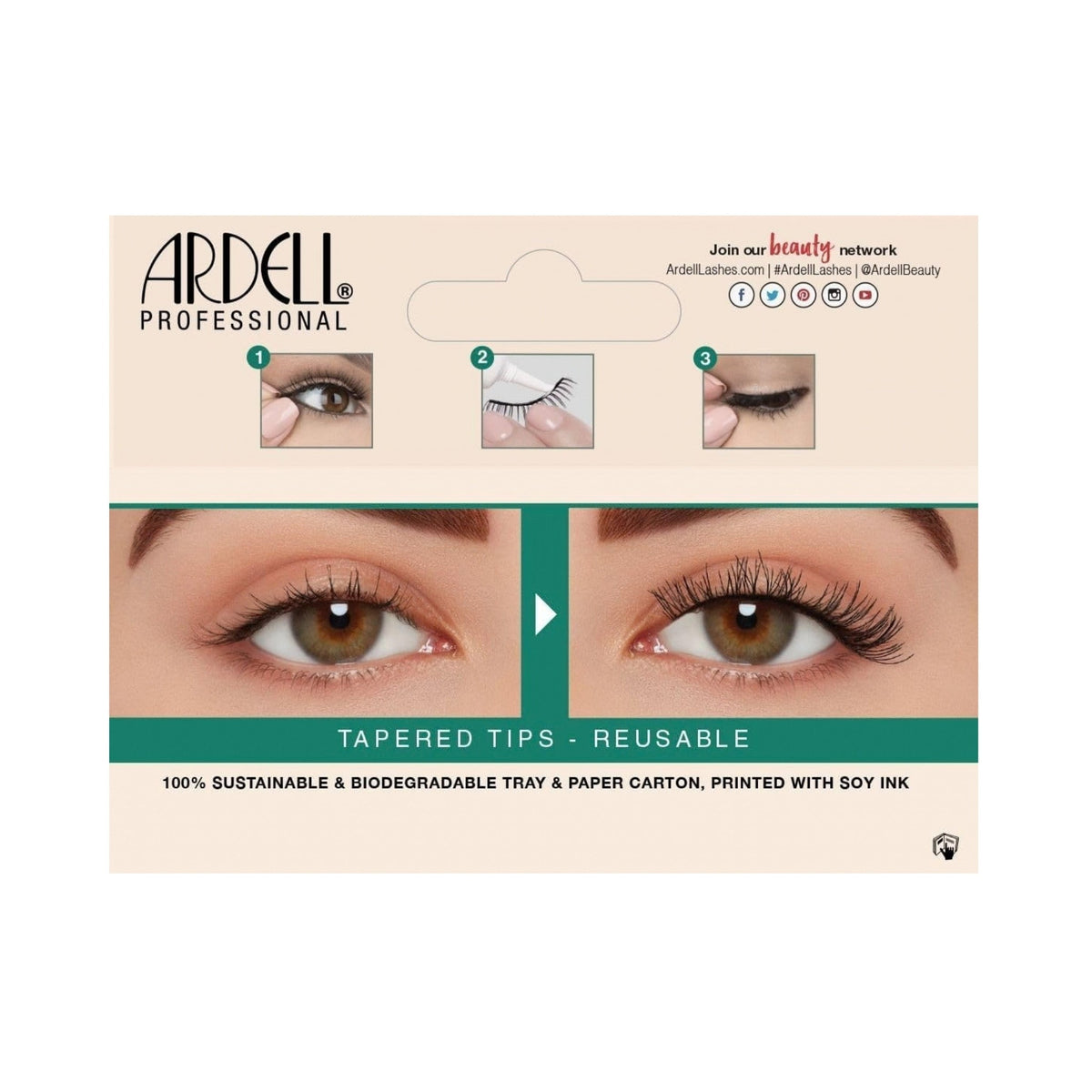 Refect Beauty Ardell Eco Lashes 453 showing before and after application with tapered tips and sustainable packaging.