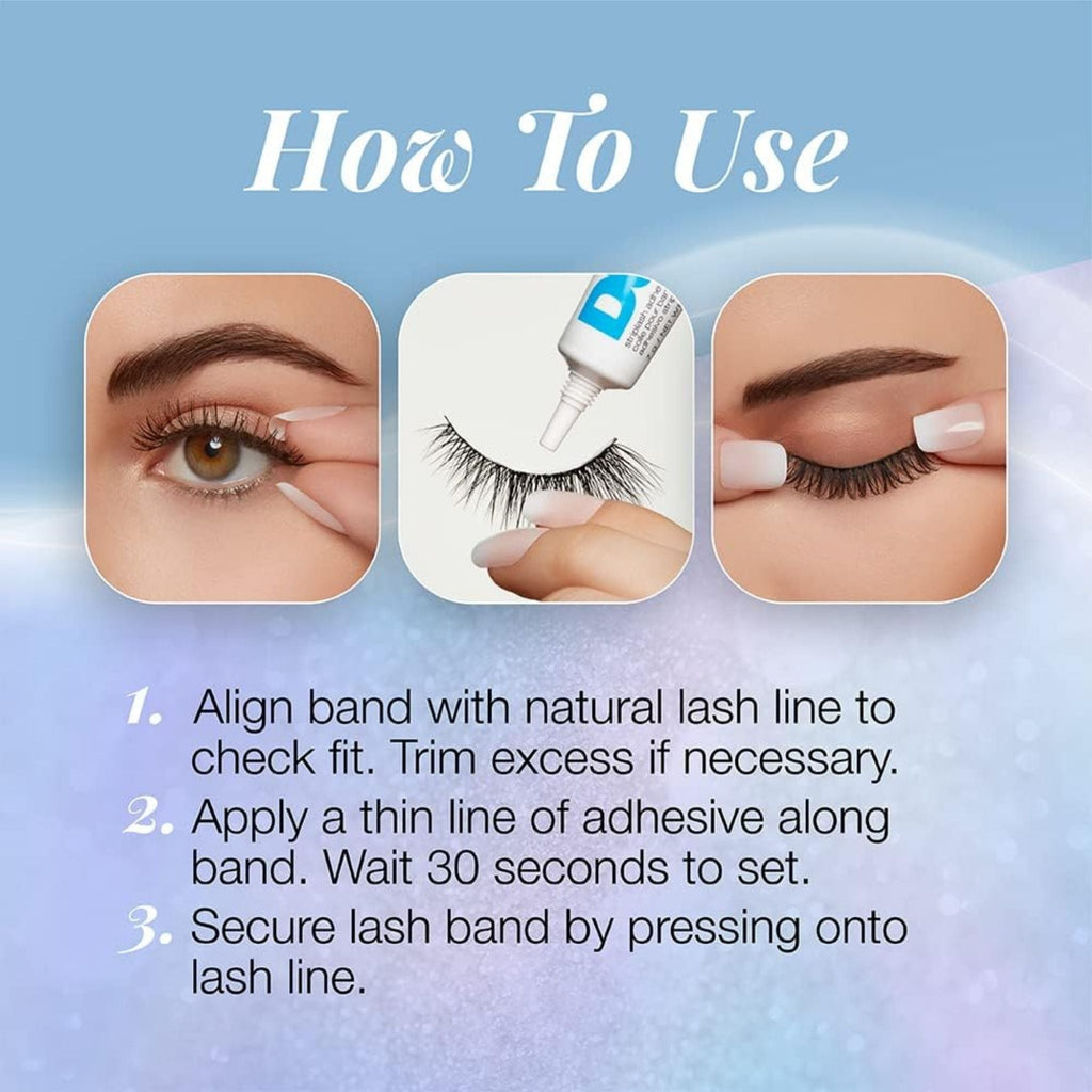 Refect Beauty Ardell Light as Air 521 false lashes application guide showing steps to apply glue and secure lashes