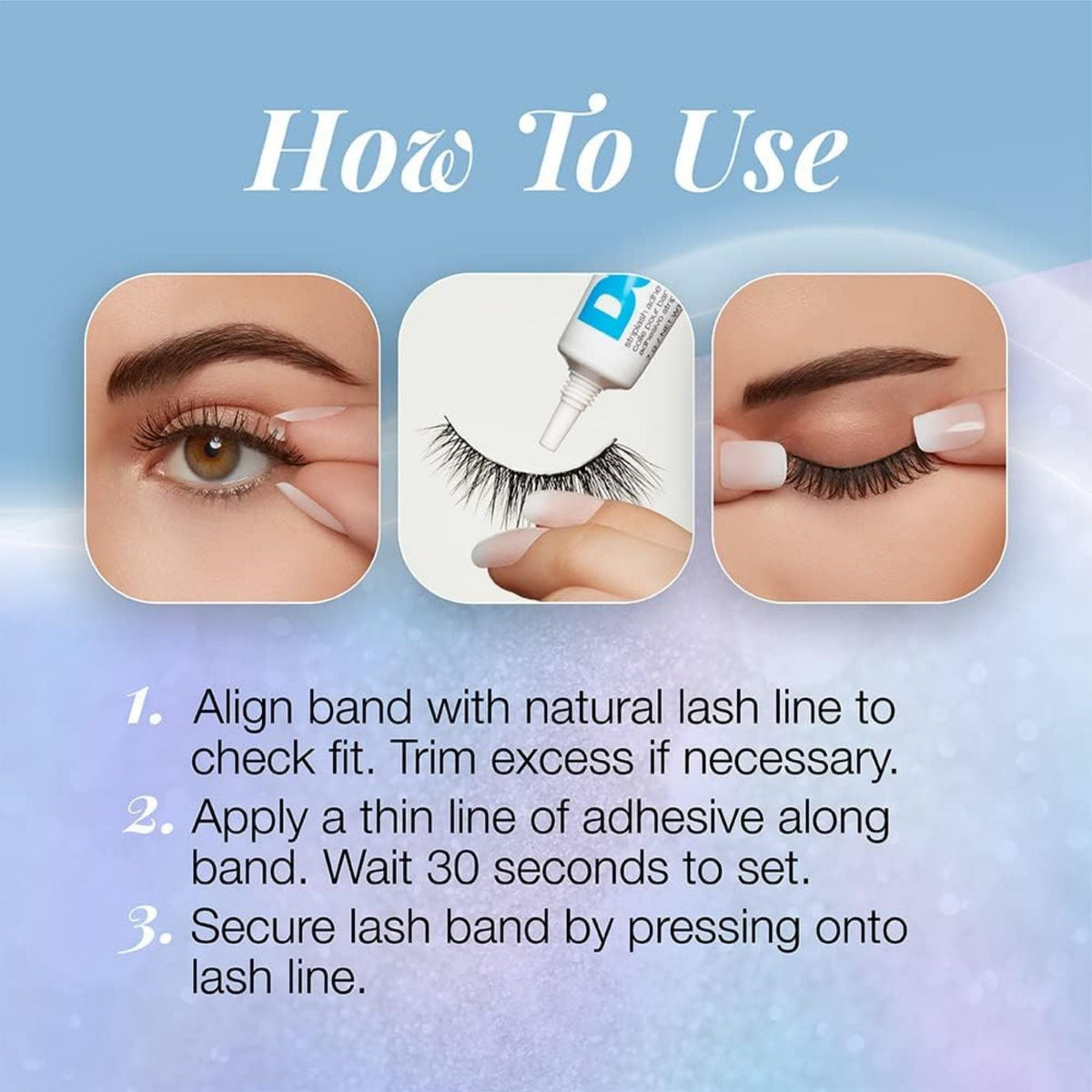 Refect Beauty Ardell Light as Air 521 false lashes application guide showing steps to apply glue and secure lashes