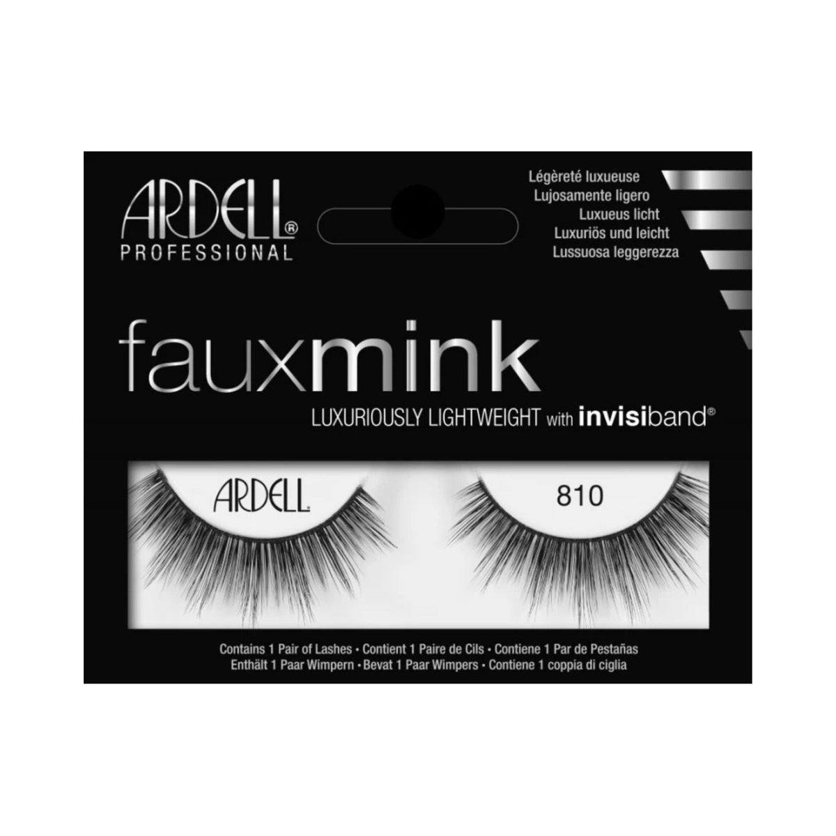 Refect Beauty Ardell Fauxmink 810 false lashes in black packaging with wispy synthetic fibers and invisible band