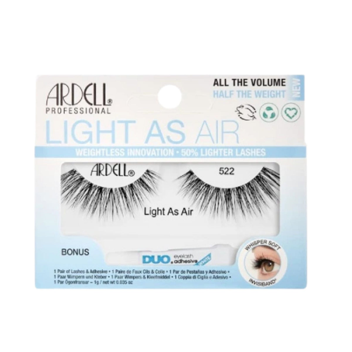 Refect Beauty Ardell Light as Air 522 false lashes with adhesive in original retail packaging