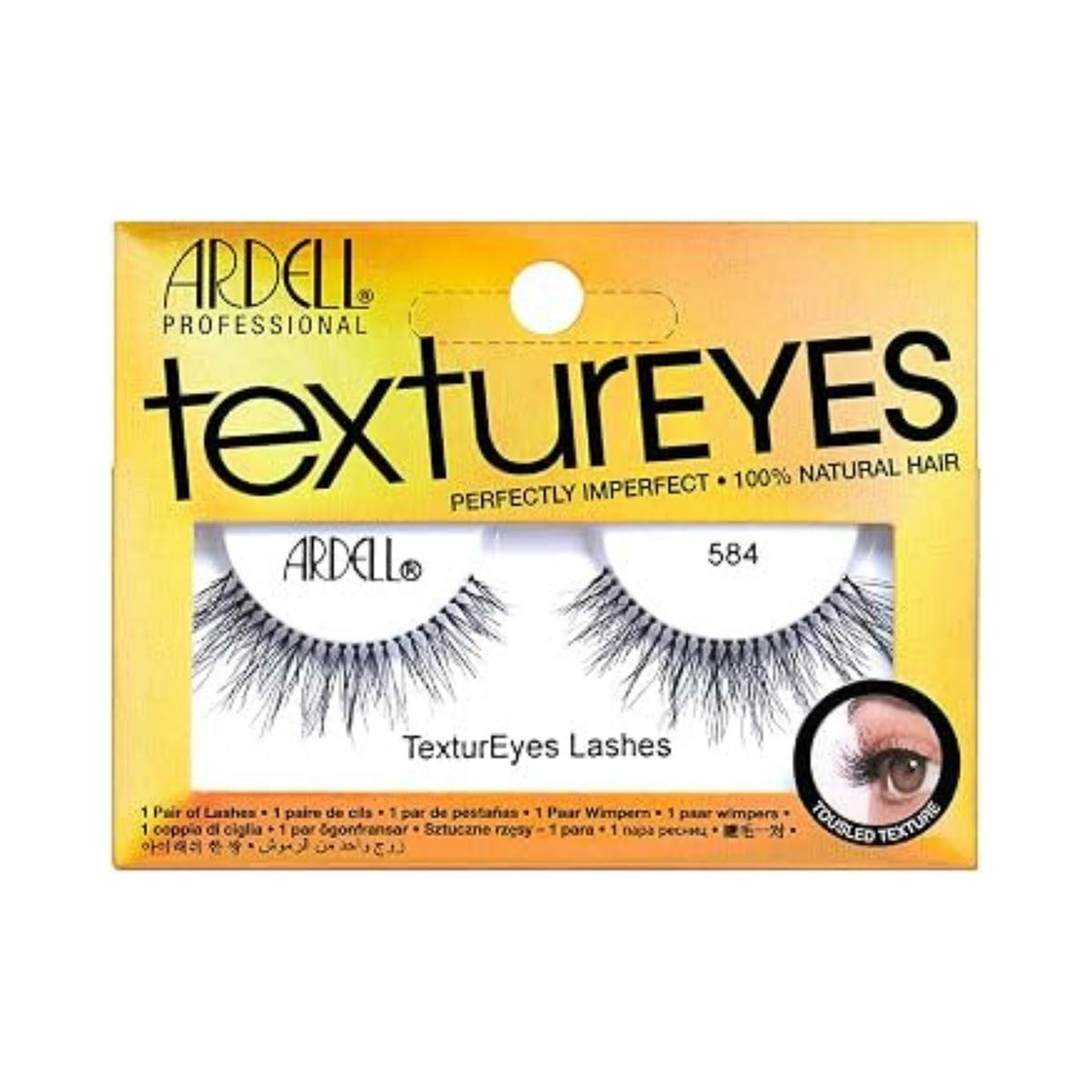 Refect Beauty Ardell TexturEyes 584 false lashes in yellow packaging with wispy crisscross synthetic fibers