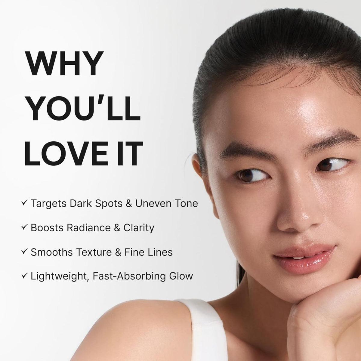 Refect Beauty Arencia Vitamin C Booster Shot serum benefits shown on a woman with glowing, clear skin