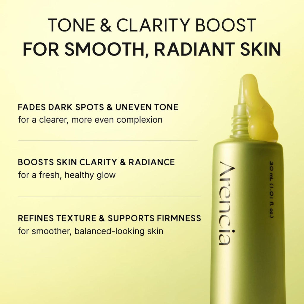 Refect Beauty Arencia Vitamin C Booster Shot serum bottle with yellow gel texture against a light green background