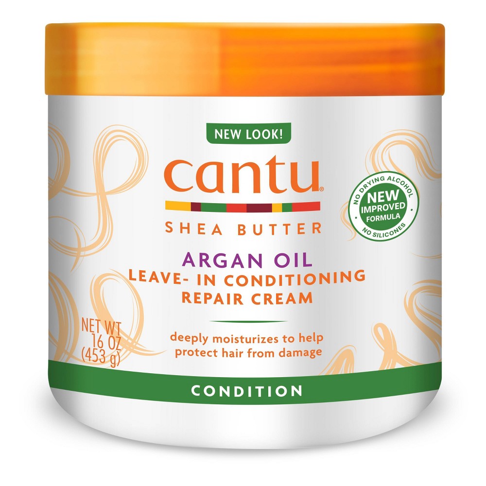Refect Beauty Cantu Argan Oil leave-in conditioning repair cream in a 16 oz jar for hair hydration and strength.