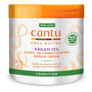 Refect Beauty Cantu Argan Oil leave-in conditioning repair cream in a 16 oz jar for hair hydration and strength.