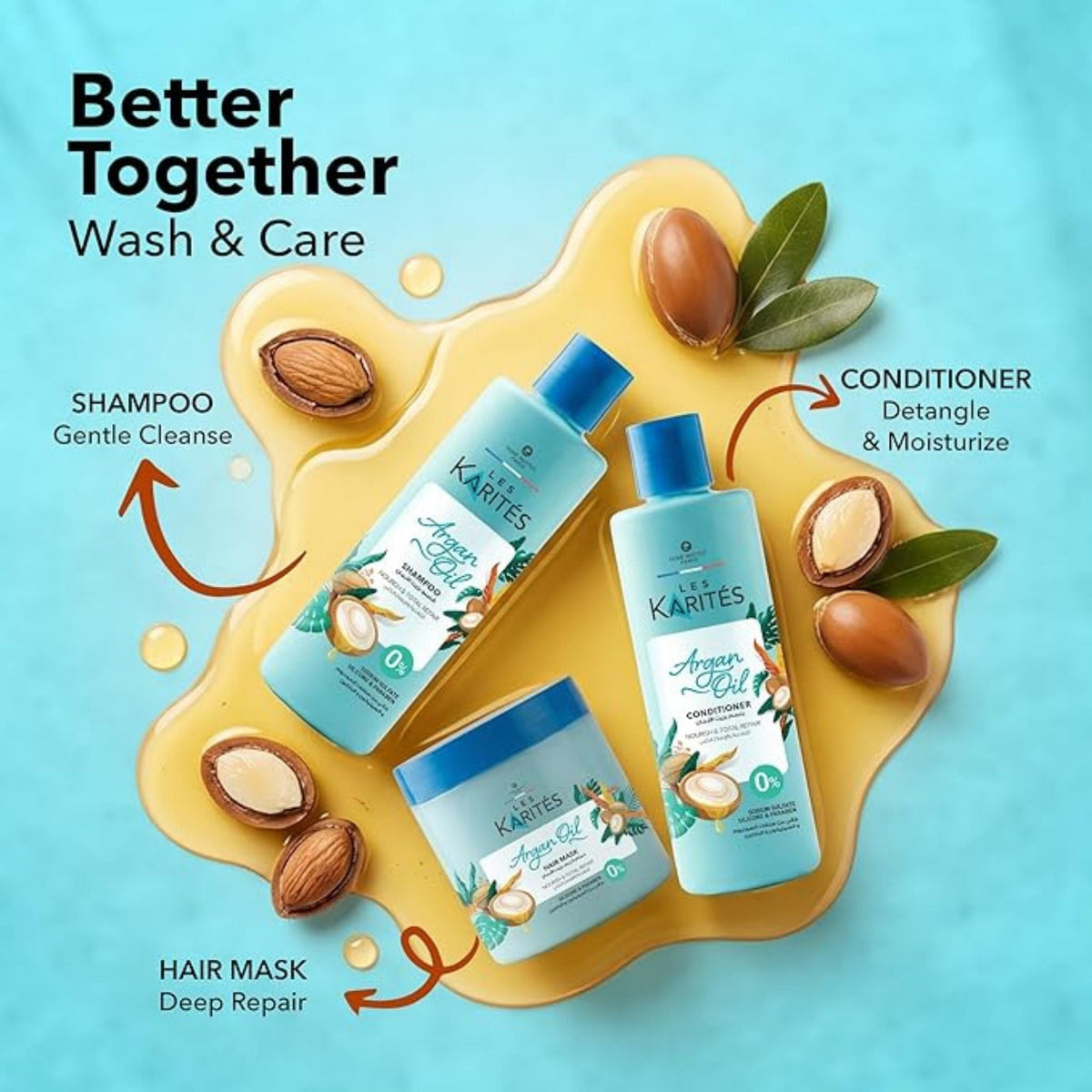 Refect Beauty Les Karités Argan Oil hair care set including shampoo, conditioner, and hair mask on a blue background.