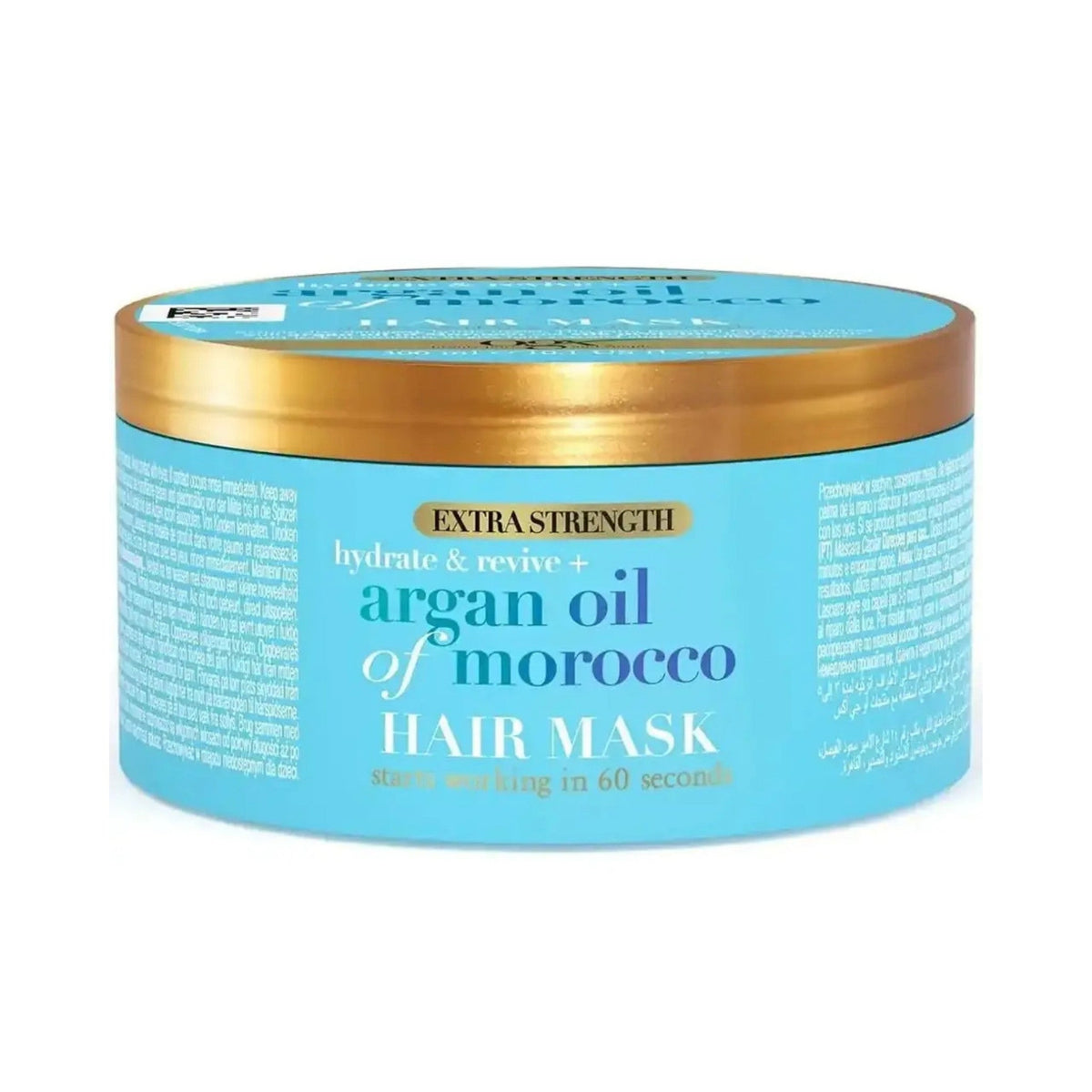 Refect Beauty Ogx Extra Strength Argan Oil of Morocco hair mask in a light blue round tub with a gold lid.