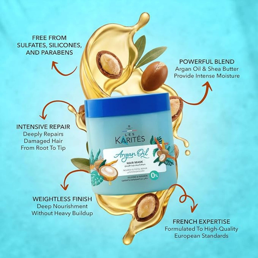 Refect Beauty Les Karites Argan Oil Hair Mask jar surrounded by argan nuts and golden oil splashes on a blue background