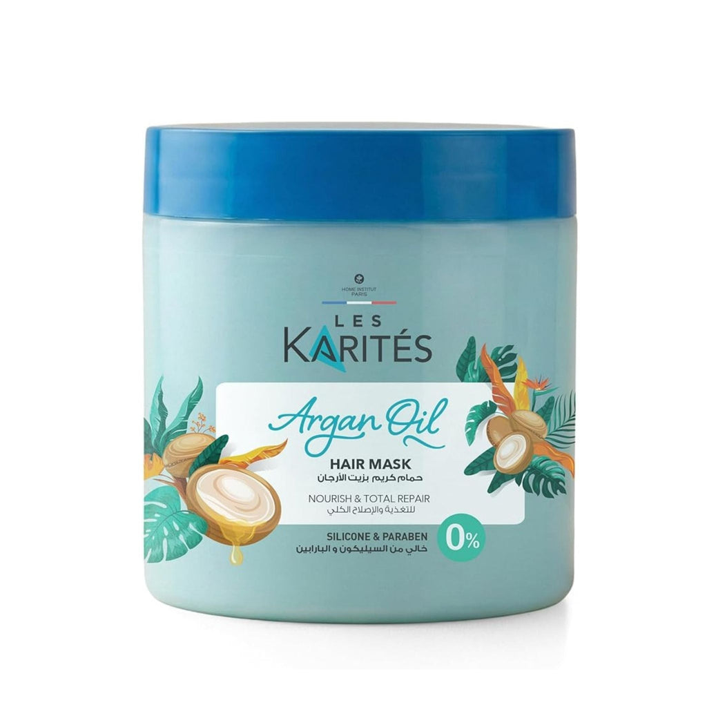 Refect Beauty Les Karites Argan Oil Hair Mask in a light blue jar with tropical botanical illustrations