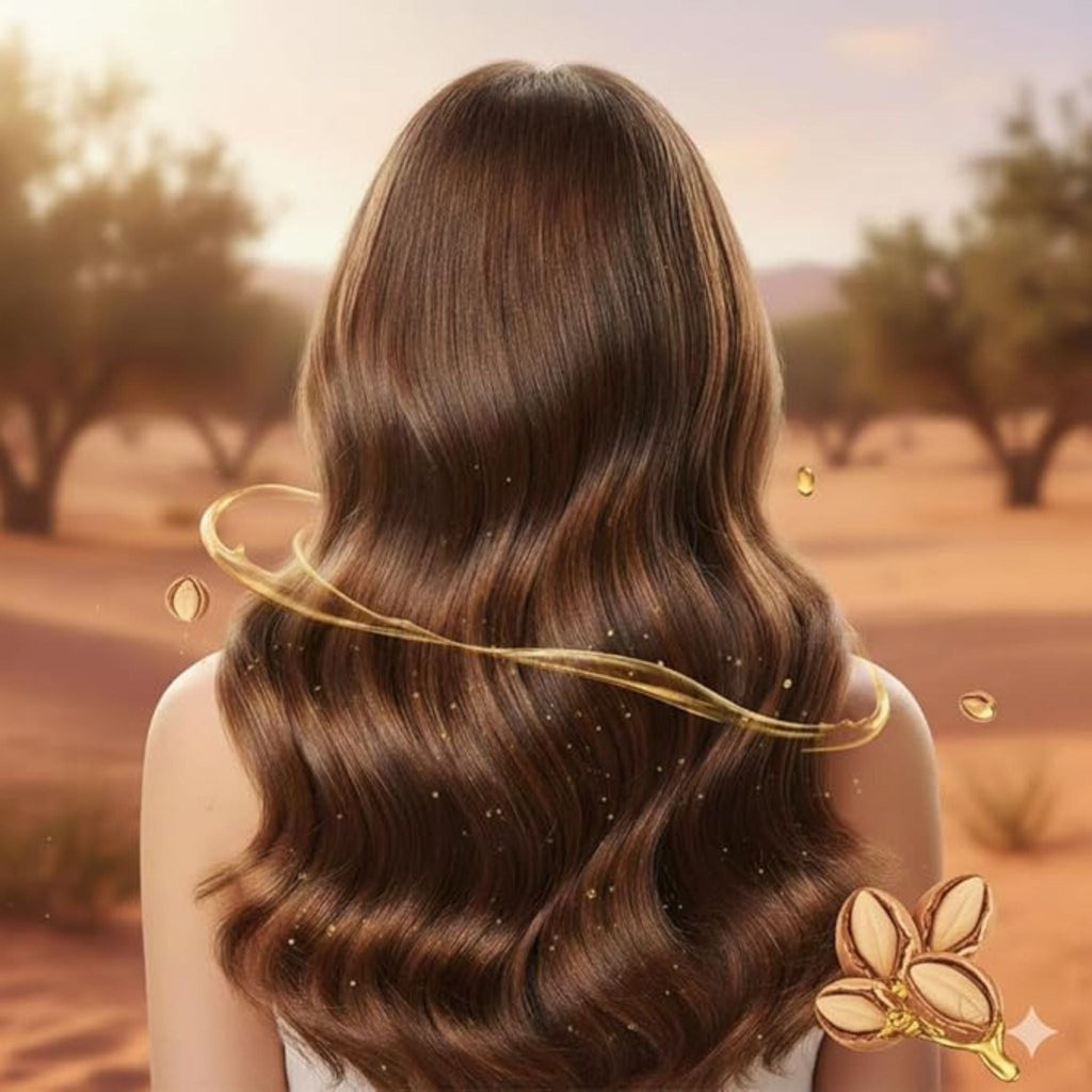 Refect Beauty Les Karites Argan Oil Hair Mask treatment showing shiny, healthy, wavy brown hair in a desert setting.