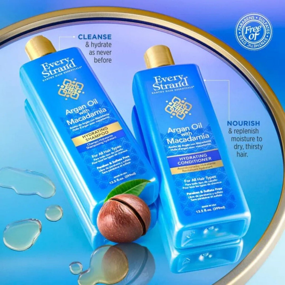 Refect Beauty Every Strand Argan Oil and Macadamia hydrating conditioner and shampoo bottles on a gold tray.