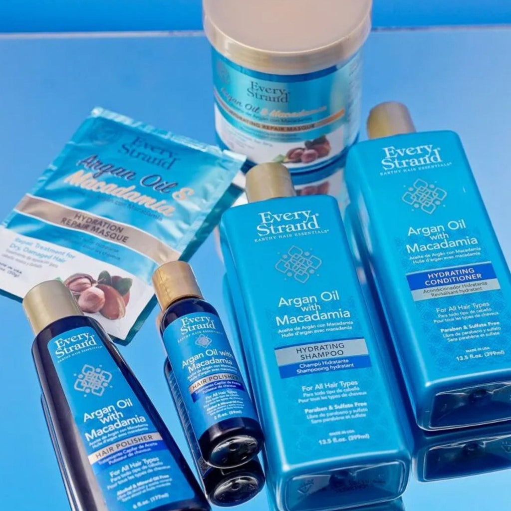 Refect Beauty Every Strand Argan Oil and Macadamia hair care collection including shampoo, conditioner, and hair mask.