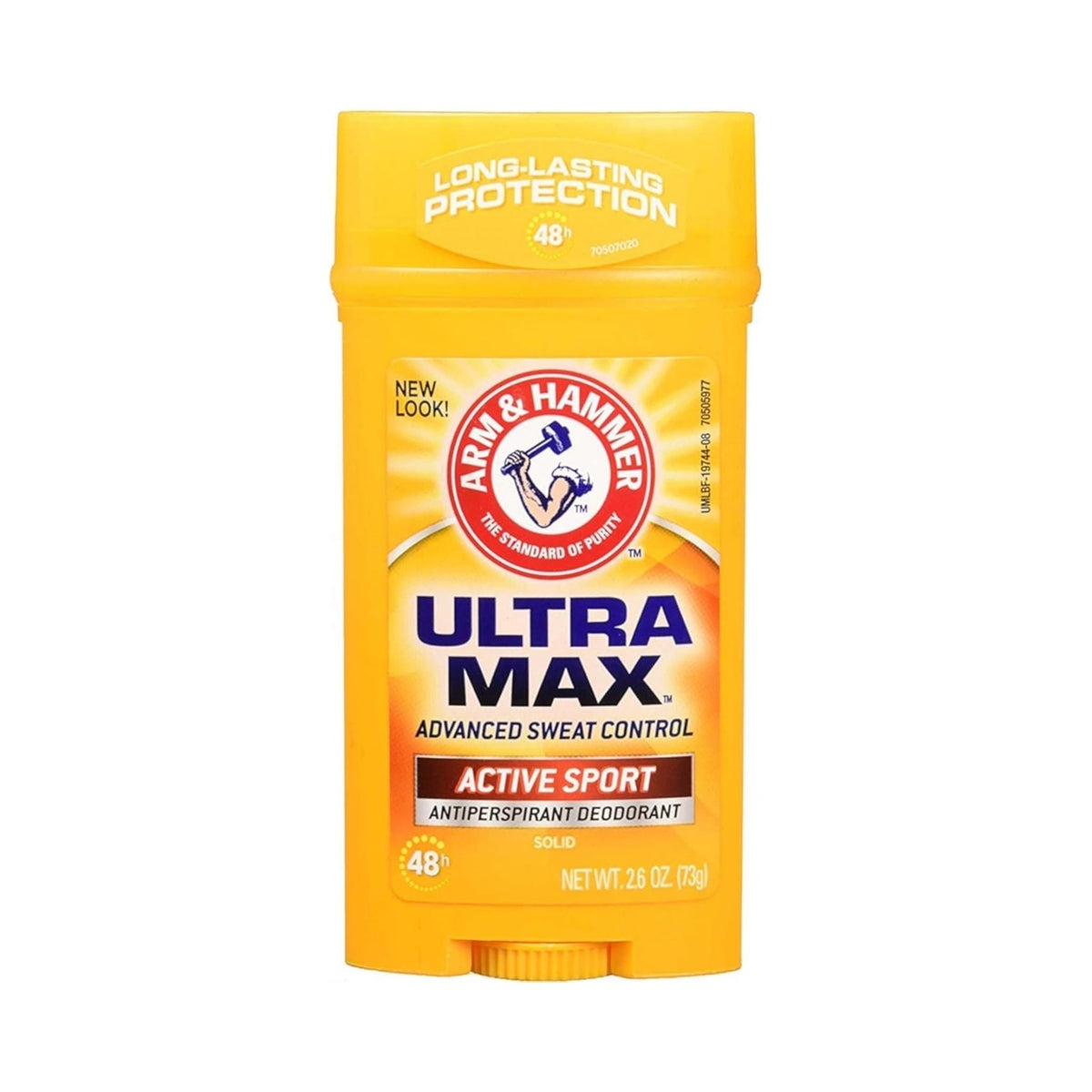 Refect Beauty Arm & Hammer Ultra Max Active Sport antiperspirant deodorant stick in a bright yellow container.