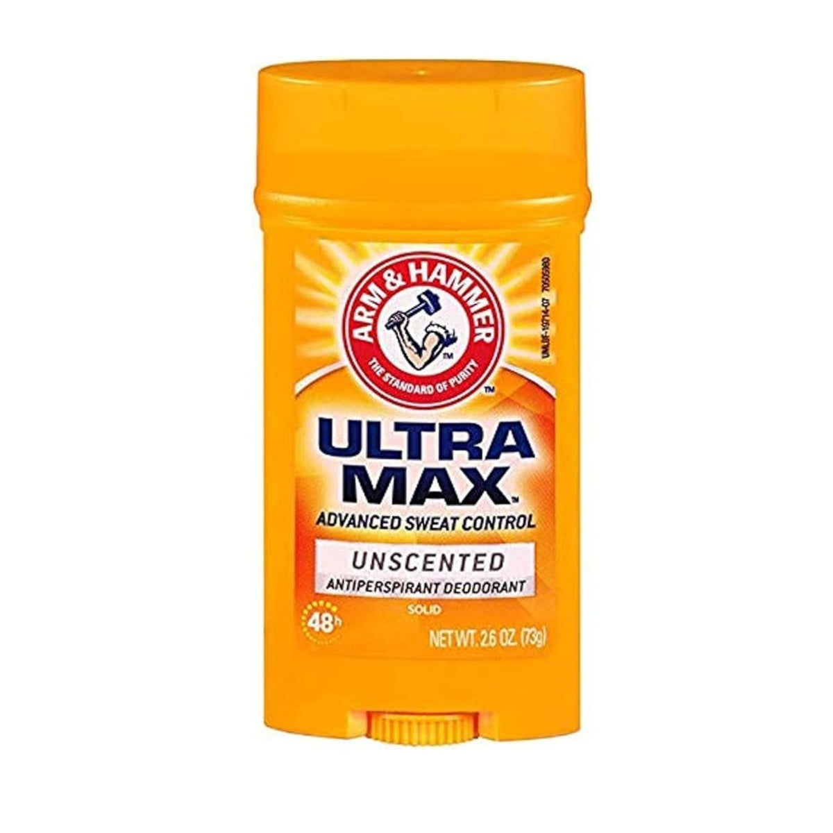 Refect Beauty Arm & Hammer Ultra Max Unscented antiperspirant deodorant stick in a bright orange container.