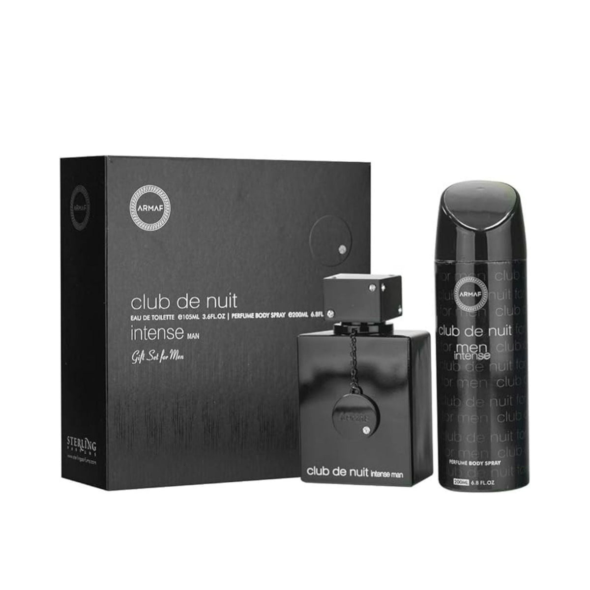 Refect Beauty Armaf Club de Nuit Intense Man gift set featuring a black perfume bottle and matching body spray.