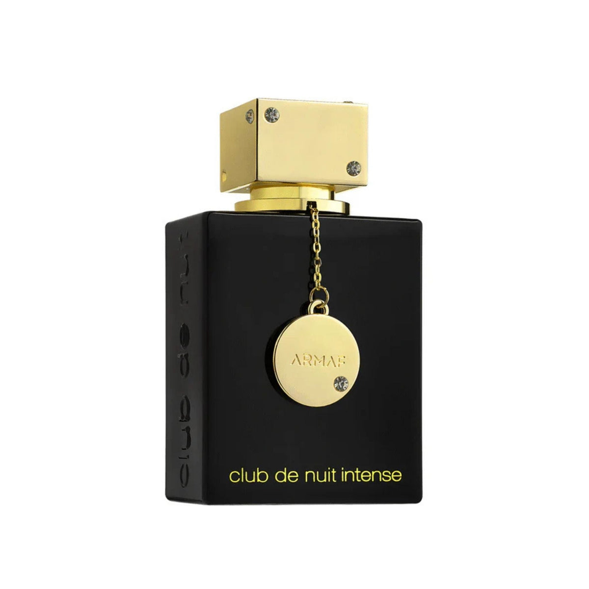 Refect Beauty Armaf Club De Nuit Intense Women Eau De Parfum in a sleek black bottle with gold accents and charm.