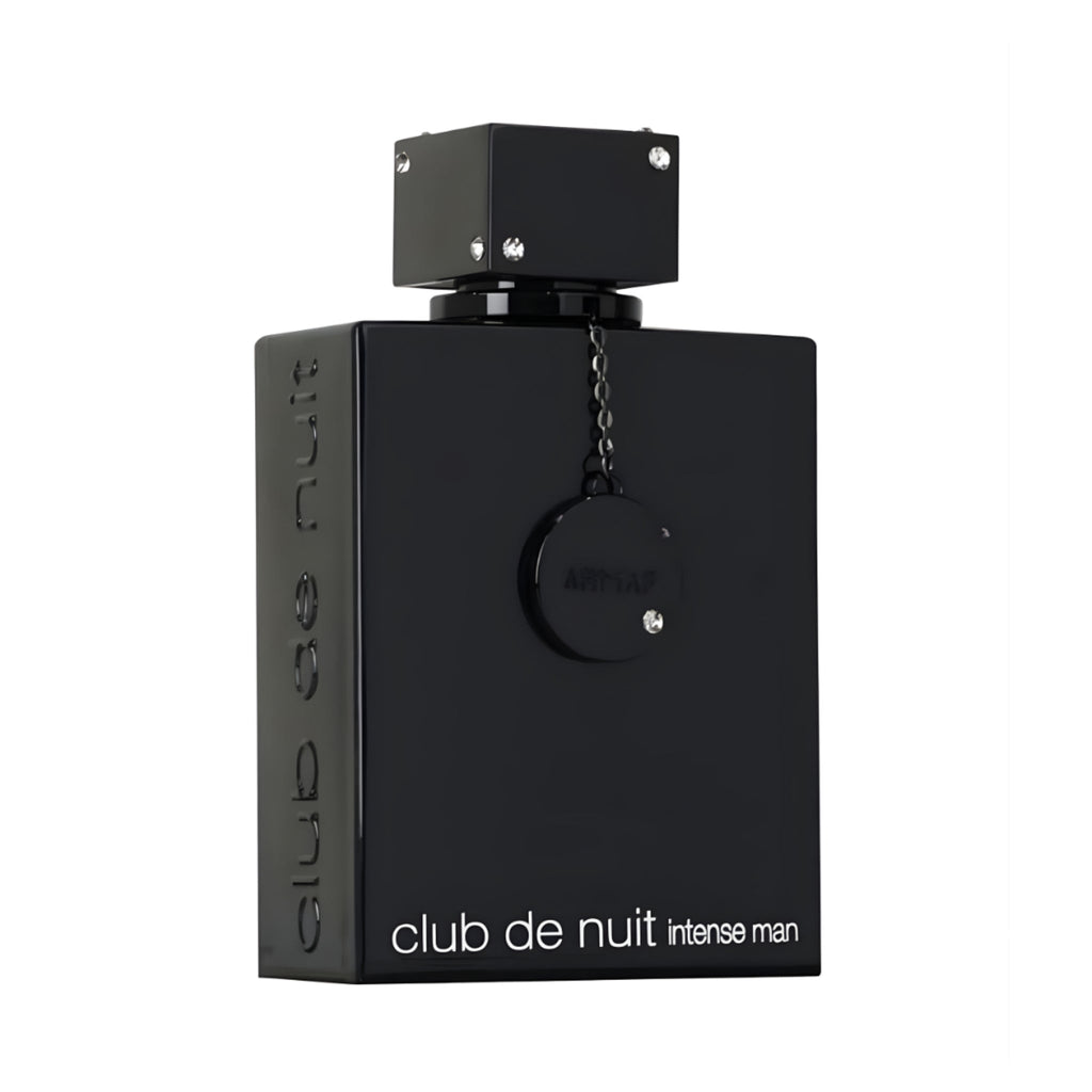 Refect Beauty Armaf Club de Nuit Intense Eau de Parfum in a sleek black bottle with a decorative chain and crystals.
