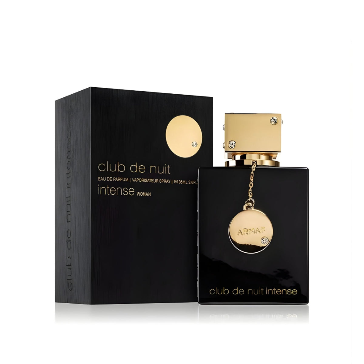 Refect Beauty Armaf Club De Nuit Intense women's eau de parfum in a sleek black bottle with gold accents and charm.