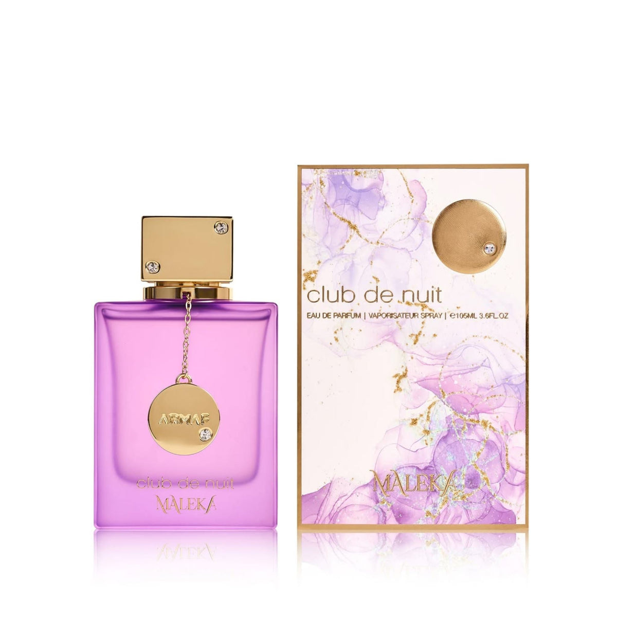 Refect Beauty Armaf Club De Nuit Maleka eau de parfum bottle and box with purple glass and gold accents