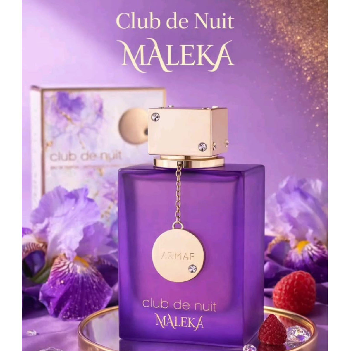 Refect Beauty Armaf Club De Nuit Maleka perfume bottle in deep purple glass with gold cap and charm on floral display