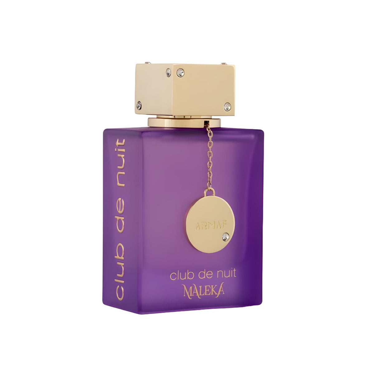 Refect Beauty Armaf Club De Nuit Maleka perfume in a purple glass bottle with a gold cap and hanging charm
