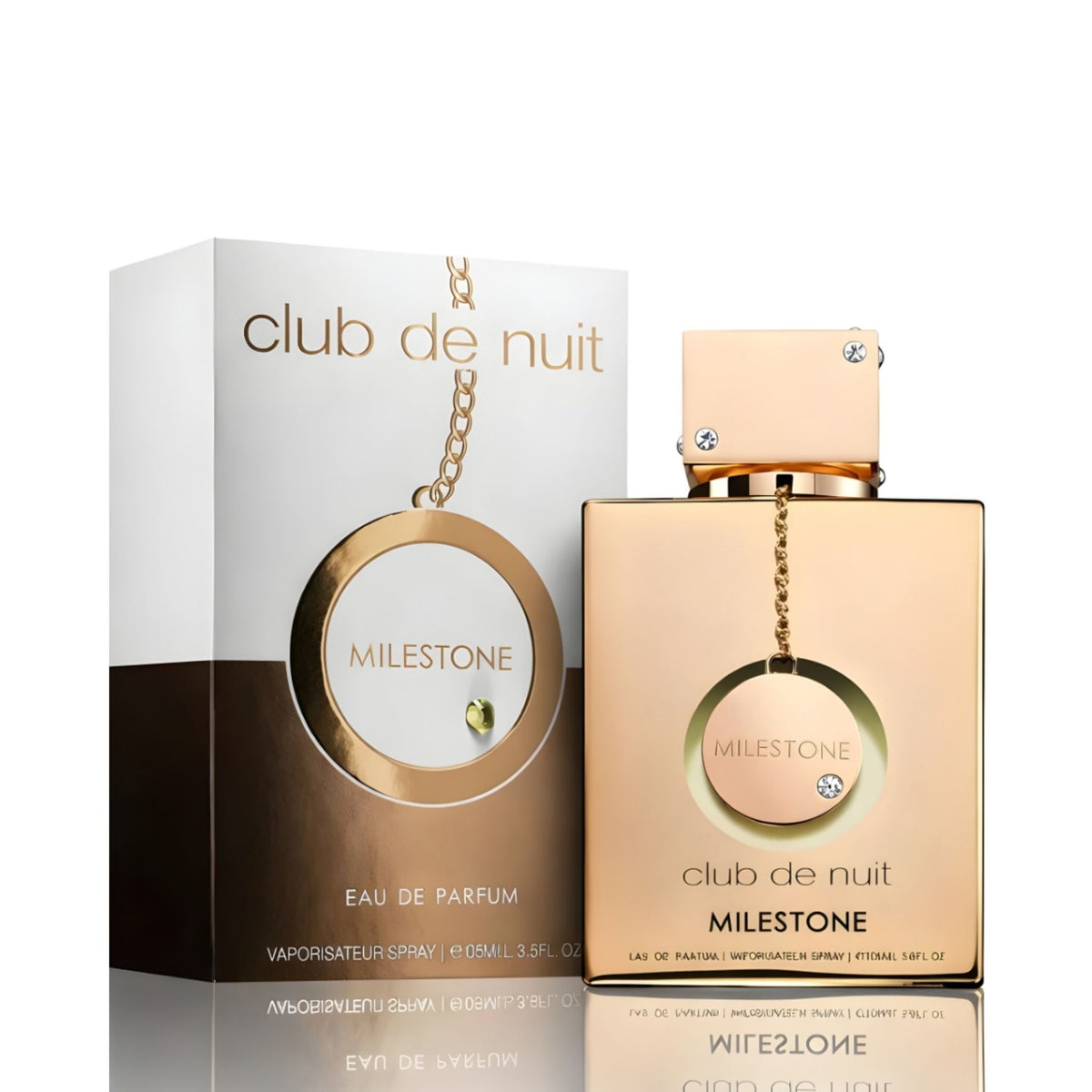 Refect Beauty Armaf Club de Nuit Milestone Eau de Parfum in a gold bottle with matching box packaging.