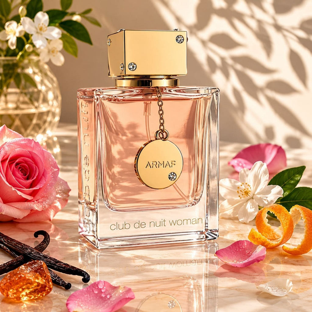 Refect Beauty Armaf Club De Nuit Eau de Parfum in a glass bottle with gold cap, surrounded by roses and citrus peels.