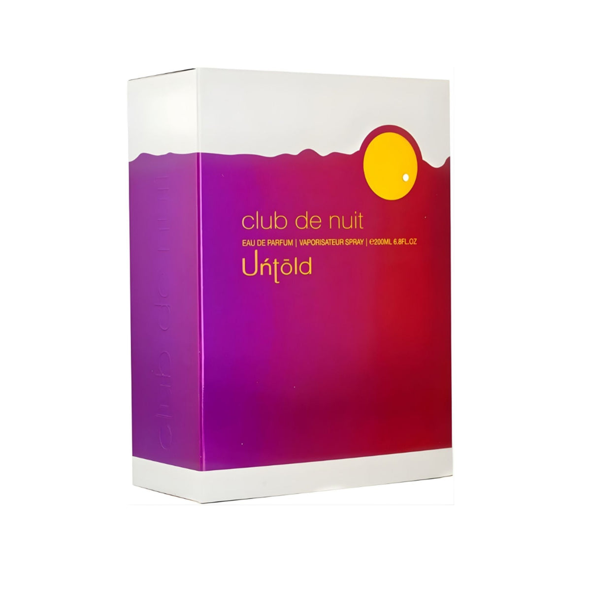Refect Beauty Armaf Club De Nuit Untold Eau De Parfum fragrance box with a vibrant purple and red gradient design