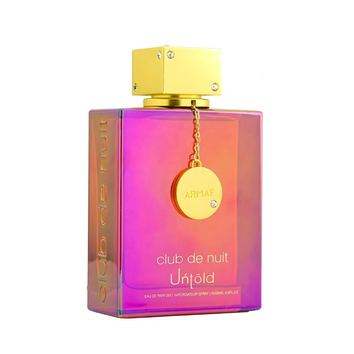 Refect Beauty Armaf Club De Nuit Untold Eau De Parfum in a rectangular iridescent bottle with a gold crystal cap.