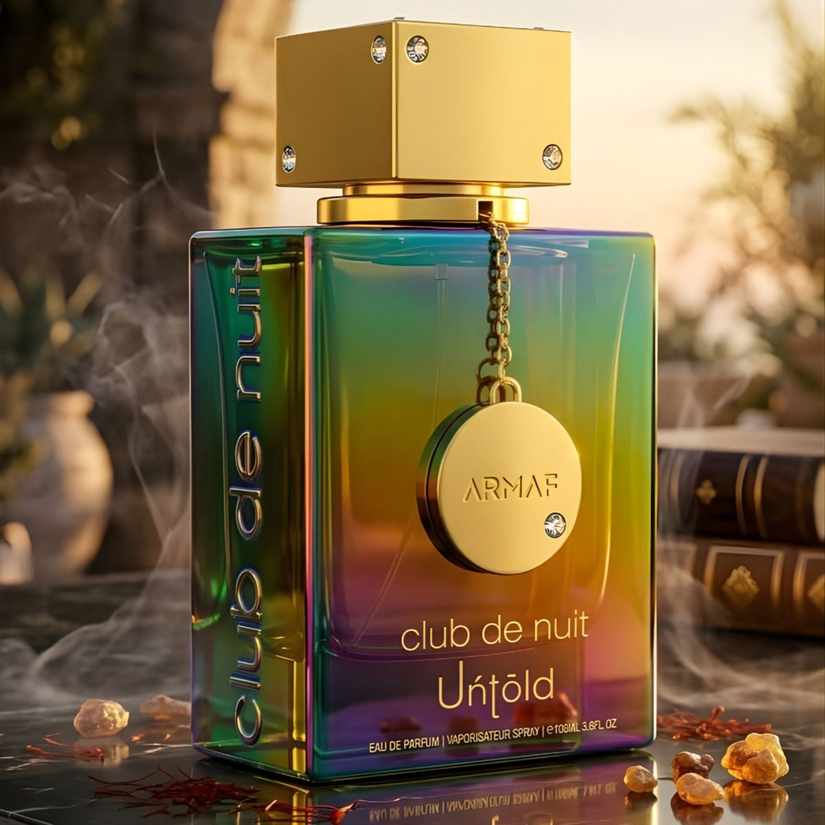Refect Beauty Armaf Club De Nuit Untold Eau De Parfum in a square iridescent bottle with a gold cap and charm.