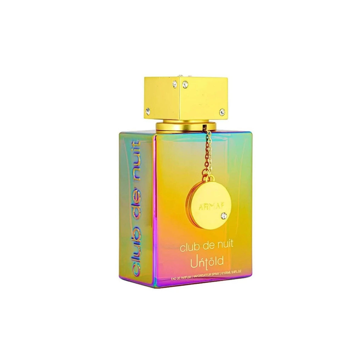 Refect Beauty Armaf Club De Nuit Untold eau de parfum in a vibrant iridescent glass bottle with a gold square cap.