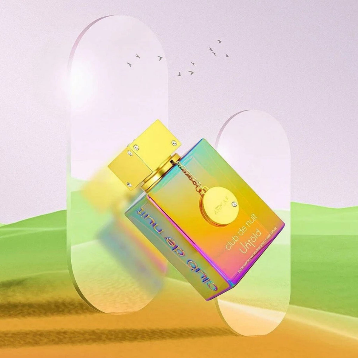 Refect Beauty Armaf Club De Nuit Untold unisex eau de parfum in a vibrant iridescent bottle with a gold cap.