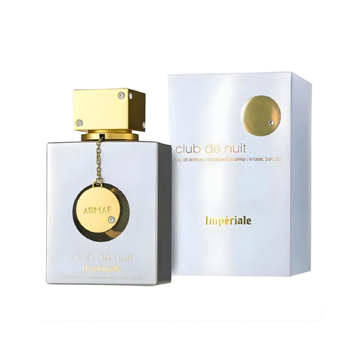 Refect Beauty Armaf Club De Nuit White Imperiale Eau De Parfum bottle with gold cap and matching white box