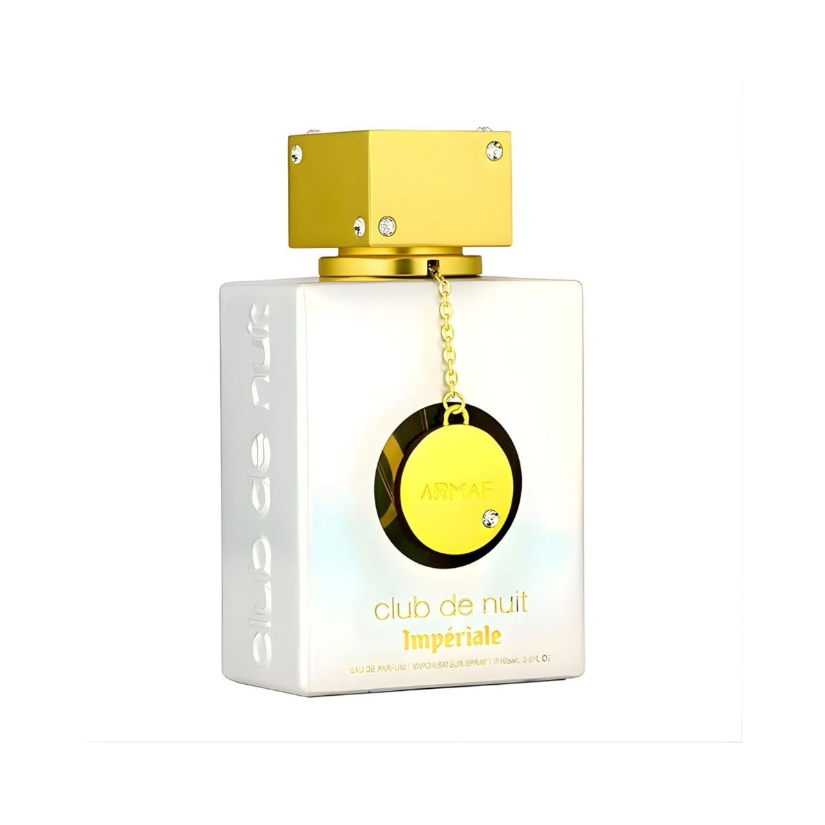 Refect Beauty Armaf Club De Nuit White Imperiale perfume bottle with a white glass body and gold crystal-set cap.
