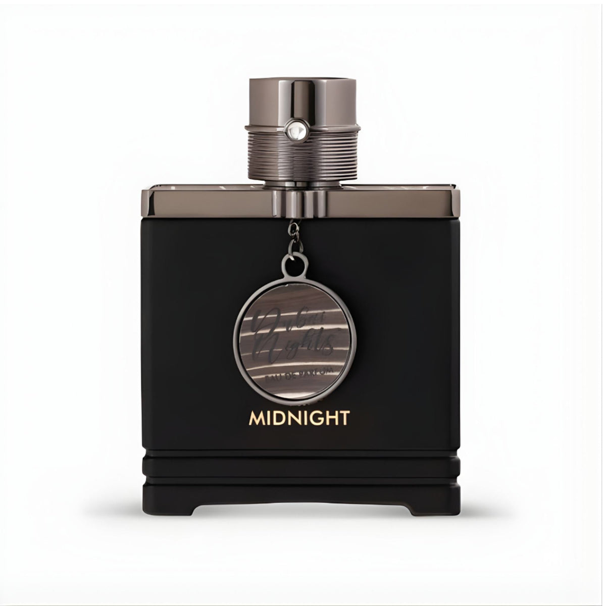 Refect Beauty Armaf Dubai Nights Midnight Eau de Parfum in a matte black bottle with a metallic charm and cap.