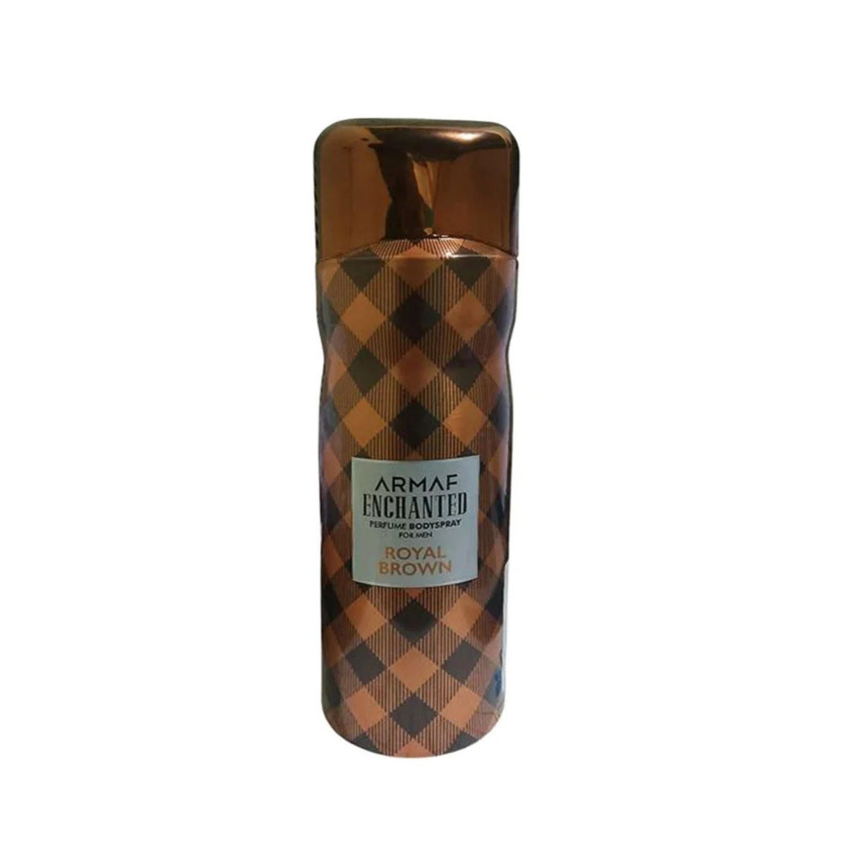 Refect Beauty Armaf Enchanted Royal Brown perfumed body spray in a brown and black plaid patterned metal canister.