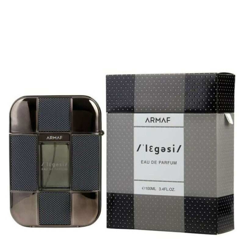 Refect Beauty Armaf Legesi Pour Homme Eau De Parfum bottle and box featuring a sleek black and grey textured design.