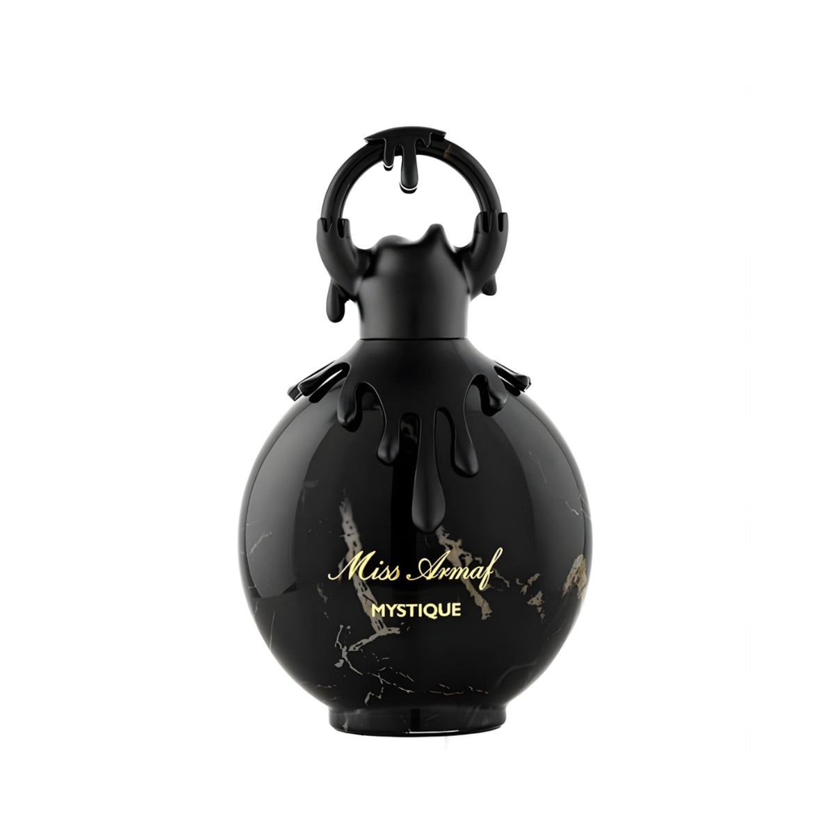 Refect Beauty Armaf Mystique Eau de Parfum in a round black marble-effect bottle with a unique dripping cap design.