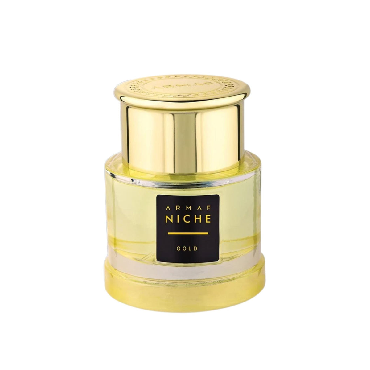 Refect Beauty Armaf Niche Gold eau de parfum in a clear glass bottle with a luxurious gold cap and black label