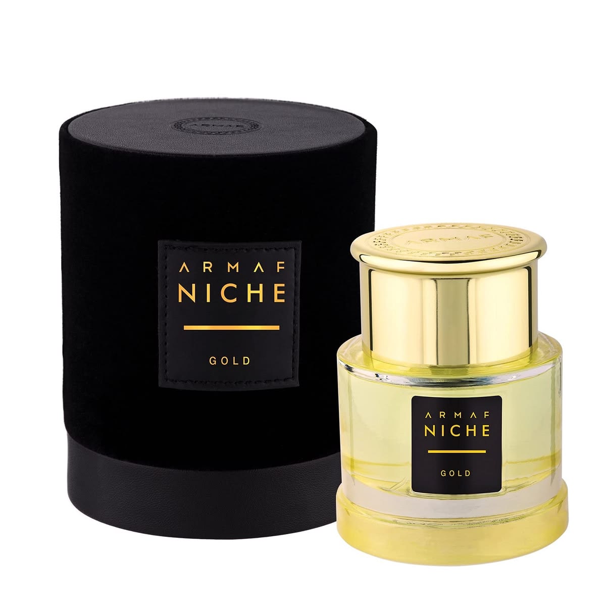 Refect Beauty Armaf Niche Gold eau de parfum bottle with a gold cap next to its black velvet cylindrical gift box