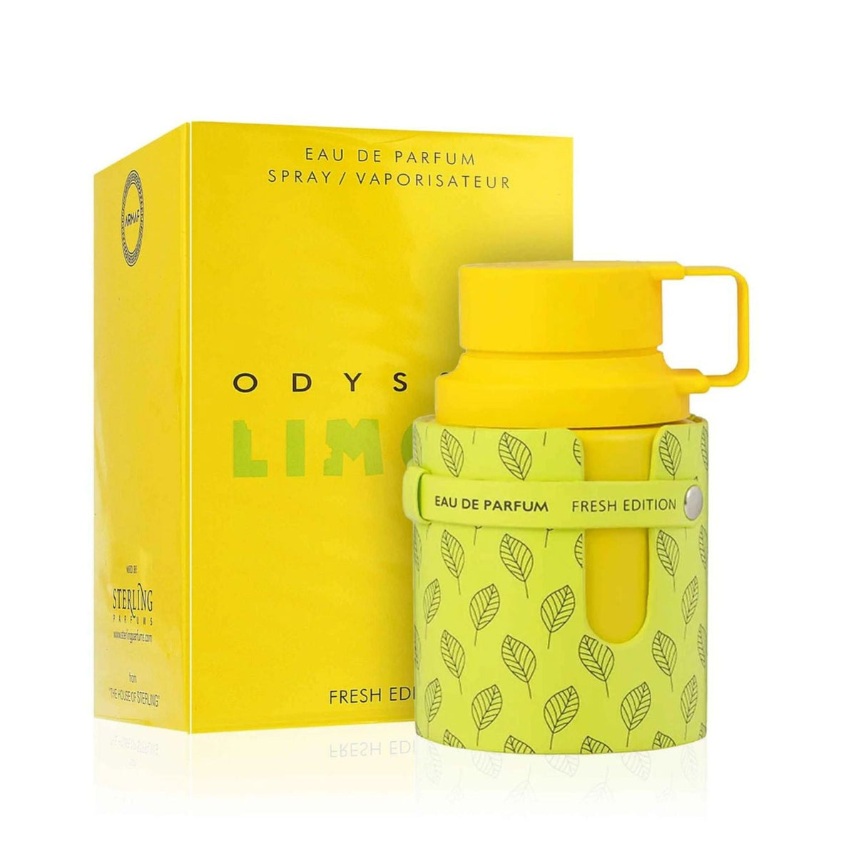 Refect Beauty Armaf Odyssey Limoni Fresh Eau de Parfum bottle with yellow box and green leaf-patterned sleeve