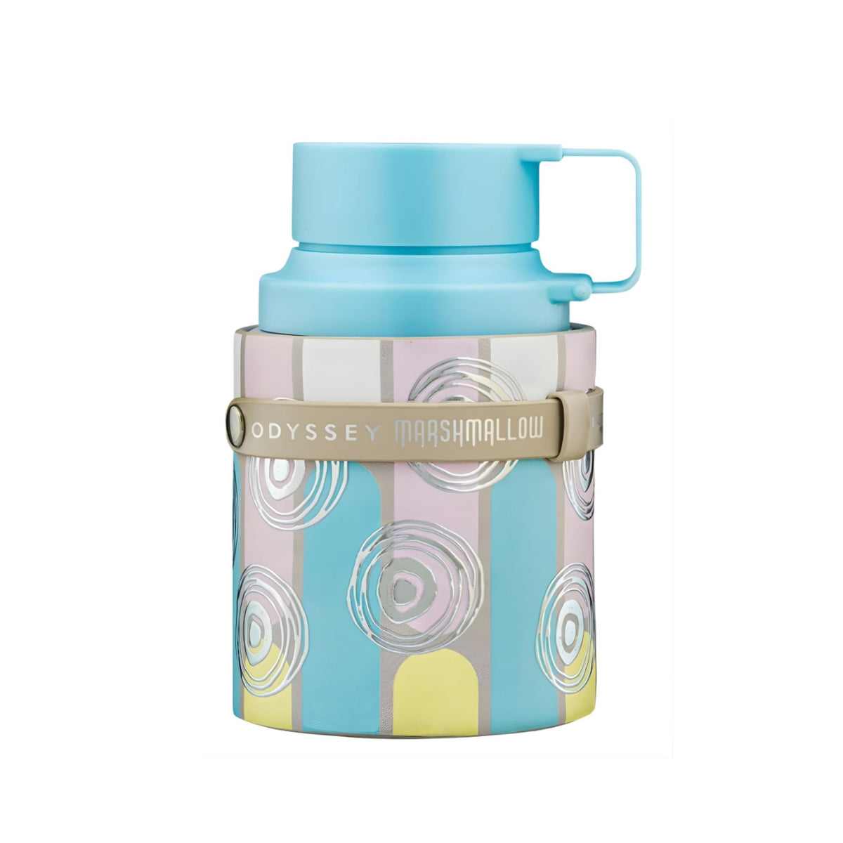 Refect Beauty Armaf Odyssey Marshmallow Eau de Parfum bottle with a blue cap and pastel striped patterned sleeve