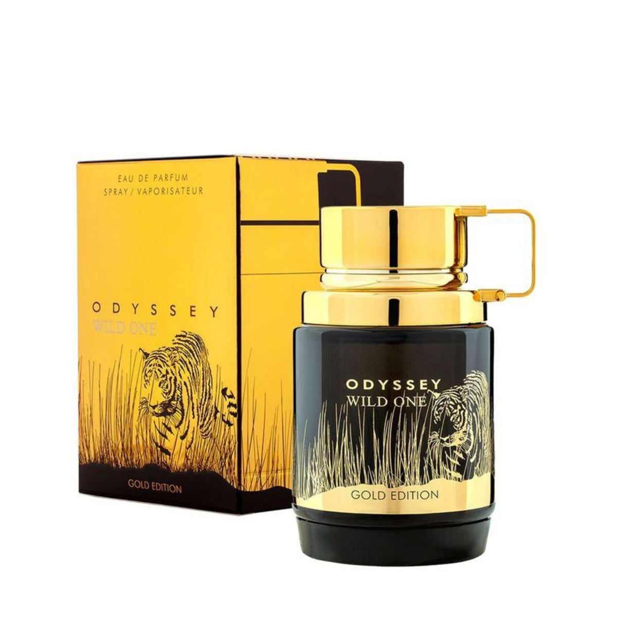 Refect Beauty Armaf Odyssey Wild One Gold Edition perfume bottle and box with tiger illustration and gold accents.