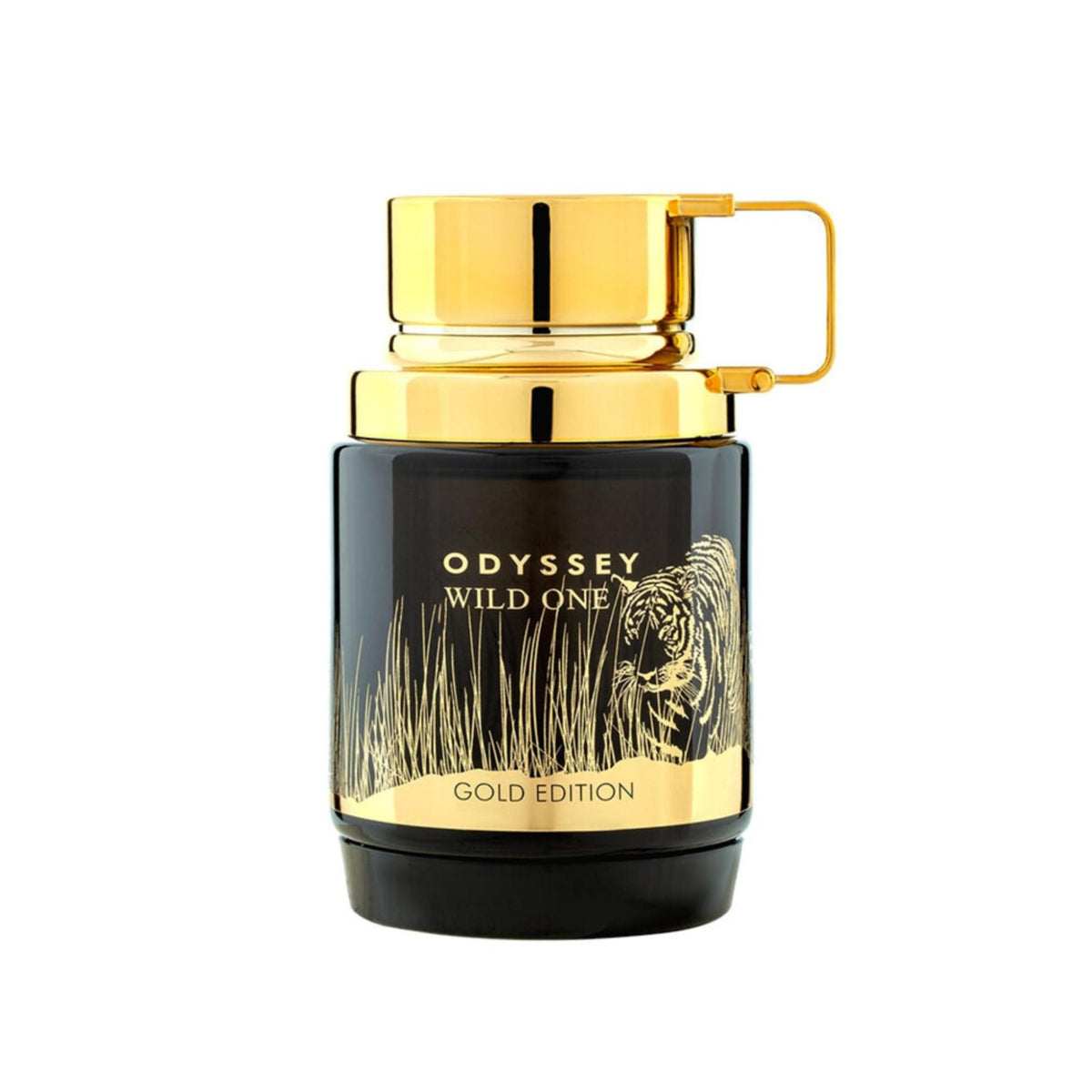 Refect Beauty Armaf Odyssey Wild One Gold Edition perfume bottle with black glass and gold tiger illustration.
