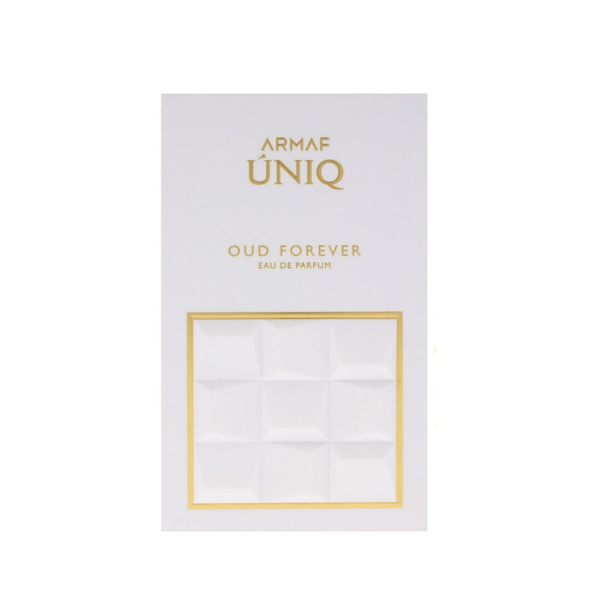 Refect Beauty Armaf Uniq Oud Forever Eau de Parfum white box with gold lettering and embossed square pattern